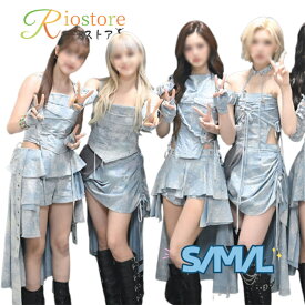 ブルー ダイダイ柄 韓国 k-pop ダンス衣装 レディース アイドル衣装 ヘソ出しトップス スカート 大人 ジャズ チアガール ダンス衣装 セットアップ 派手 かっこいい おしゃれ アシンメトリー裾 ダンスウェア 演出服 練習服 中高生 S M L