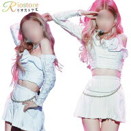 韓国 k-pop アイドル ダンス衣装 白 レディース レース 長袖トップス へそ出し 肩出し スカート ショート…