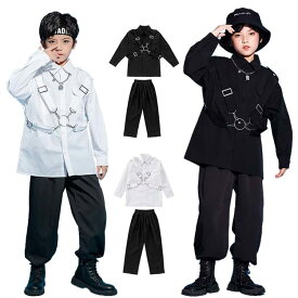 ボーイズ シャツ パンツ キッズダンス衣装 セットアップ ヒップホップ キッズ 衣装 韓国風 子供服 男の子 ストリート シャツ 長袖 黒 白 トーラス パンツ ロング丈 黒 おしゃれ 練習着 派手 ダンスウェア ステージ衣装 ストリートダンス jazz かっこいい 110-180cm