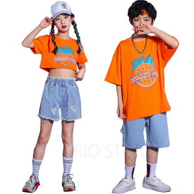 子供ダンス ヒップホップ ダンス衣装 キッズ セットアップ オレンジ 半袖Tシャツ ジーンズ デニム パンツ 韓国 男の子 ガールズ 女の子 ダンスウェア 短パン ジュニア おしゃれ 110 120 130 140 150 160 170 180