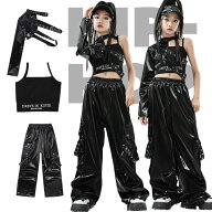 ヒップホップ キッズ ダンス衣装 キッズ レザー パンツ ヘソ出し ブラック チョッキ ヒップホップ 衣装 J…