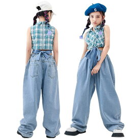 シャツ 袖なし デニムパンツ キッズダンス衣装 セット 子供服 k-pop 女の子 ヒップホップ キッズ ダンス衣装 トップス チェック柄 ジーンズ ダンス 衣装 練習着 ストリート系