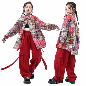 キッズ ダンス 衣装 女の子 韓国 子供服 セットアップ キッズ ヒップホップ ダンス衣装 シャツ 長袖 カーゴパンツ 赤 ダンスウェア k-pop 練習着 ストリート系