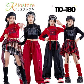 キッズダンス 衣装 赤 黒 女の子 長袖 ヘソ出しトップス スカート カーゴパンツ チア ダンス ヒップホップ 演出服 子供服 ジャズ セットアップ チェック jazz ステージ衣装 おしゃれ k-pop 衣装 hiphop 発表会 練習服 春 秋 ファッション