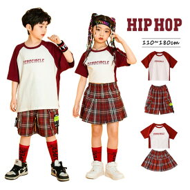 ダンス衣装 セットアップ 子供服 男の子 女の子 Tシャツ 半袖 ワインレッド 白 ヒップホップ ダンス服 キッズ 赤 パンツ ショートパンツ タータンチェック おしゃれ 運動会 110-180