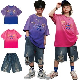 キッズダンス衣装 セットアップ ヒップホップ ファッション ガールズ デニムパンツ ピンク パープル 男の子 女の子 子供服 ダンス衣装 派手 へそ出し トップス スウエット Tシャツ パンツ カラー K-POP HIPHOP JAZZ 韓国