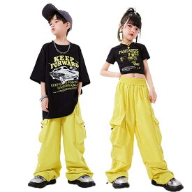 パンツ イエロー プリント キッズダンス衣装 セットアップ ヒップホップ 捺染 カーゴパンツ 子供服 女の子 男の子 tシャツ 黒 ハーフ 英文字プリント ゆったり ショート丈 パンツ ロング丈 段袋 シンプル系 ロック風 ダンスウェア 練習着 ストリートダンス ハイキートーン