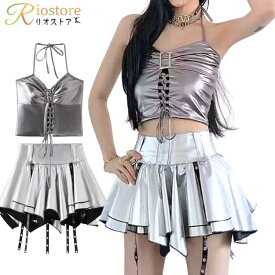 レディース シルバー 銀 ダンス衣装 ヒップホップ アイドル 衣装 演出服 セットアップ スカート ヘソ出し トップス 袖なし 韓国 k-pop ジャズ ステージ衣装 dsダンス ナイトクラブ バー演出服 練習服 おしゃれ