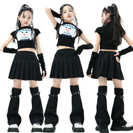 キッズダンス衣装 セットアップ チアガール y2k 黒 トップス へそ出し スカート レッグウォーマー 女の子 ダンス衣装 セットアップ ヒップホップ 子供服 ジャズダンス HIPHOP JAZZ Y2K 可愛い k-pop 原宿系 演出服 練習着 イベント 発表会