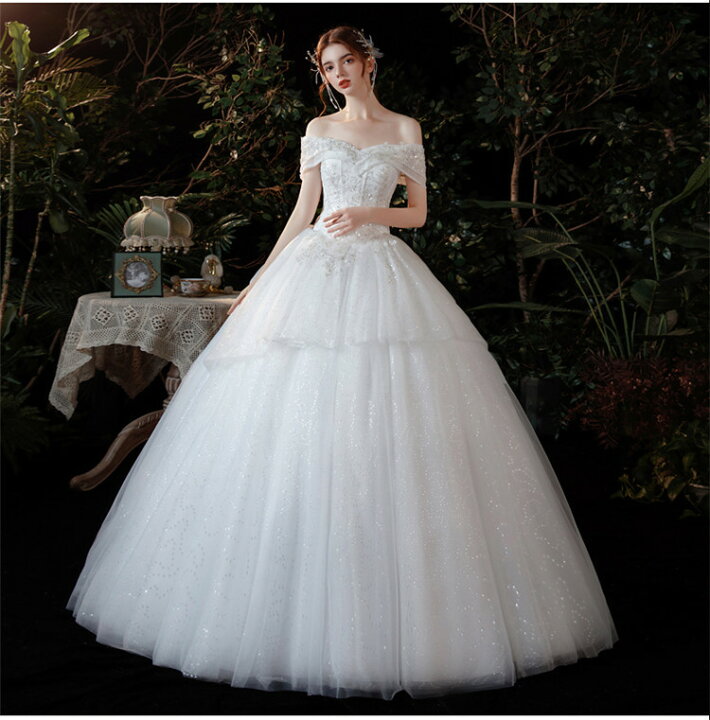 楽天市場 ウェディングドレス ロング丈 おめかし 結婚式 韓国 ウェディング ドレス 花嫁 披露宴 Aライン 編み上げタイプ スパンコール パーティー ドレス 送料無料 白 ホワイト シャンパン Rio Store リオストア