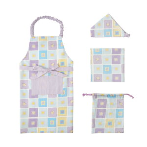 ちゃいなび 子供用 エプロン 三角巾 4点セット キッズエプロン 巾着 ランチョンマット 被るだけ ゴム 調理実習 調理 学校 小学生 幼稚園 保育園 入学準備 お名前タグ ネームタグ 男の子 女の