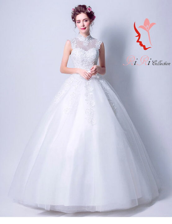 楽天市場 ウエディングドレス ハイネック プリンセスライン Dress18 前撮り Aライン 花嫁 プレ嫁 プリンス ドレス 二次会ドレス 刺繍 シースルー Ririコレクション