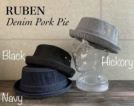 ◇　2サイズ展開　Mサイズ　BIG XL サイズ Ruben デニム ポークパイハット コットン オールシーズン ポークパイ ハット ルーベン　カジュアル　スタイル　ストリート　ブラック　ヒッコリー　ネイビー　綿素材　デニム素材