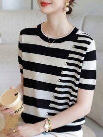 トップス レディース 短袖 ストライプ コントラストカラー ニット 薄手 クルーネック 夏用 軽量 吸湿速乾 コーディネートしやすい ファッション カジュアル 普段使い