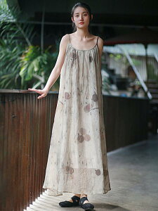 �g�b�v�X �m�[�X���[�u�����s�[�X ���f�B�[�X Tencel Leaves Print Botanical Dye Pleated Strappy Dress New Chinese Style Cool Style Dress Loose Fit Ele