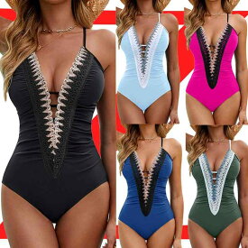 水着 レディース ワンピース セクシー 深Vネック バックオープン バックシャン 背中見せ 紐付き オールインワン スイムウェア 体型カバー 着痩せ 細見え 大きいサイズ ぽっちゃり 華奢見え パッド付き 美脚効果 リゾート ビーチ プール 海 温泉 旅