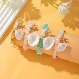 ブレスレット レディース 夏用 ビーチ リゾート 海辺 砂浜 貝殻モチーフ フェイクパール 碎石 石風 ビーズ アクセサリー 手首飾り ジュエリー カジュアル エレガント 高級感 おしゃれ 華奢 重ね付け プレゼント用 海 バカンス 普段使い お出か