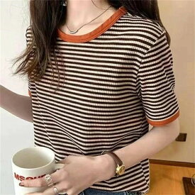 リブ ボーダー Tシャツ レディース カジュアル トップス Tシャツ 半袖 Uネック ラウンドネック 韓国 カジュアル 半袖 おしゃれ