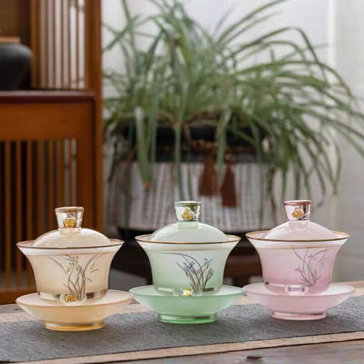 楽天市場】高級 蓋碗 茶杯セット 金箔入れ 花柄 おしゃれ 耐熱ガラス製 