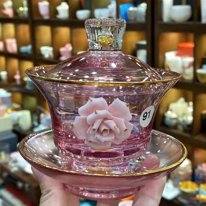 楽天市場】高級 蓋碗 茶杯セット 金箔入れ 花柄おしゃれ 耐熱ガラス製 