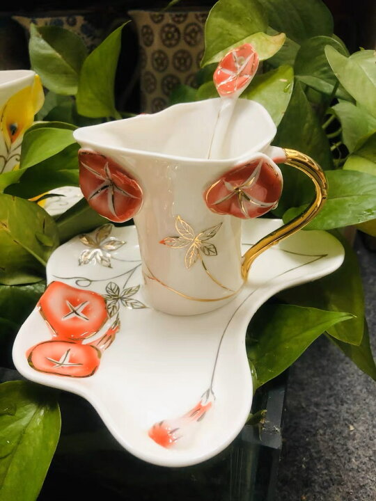 楽天市場】A056375上品陶器ティーカップ＆ソーサー 4客セット 立体花型  