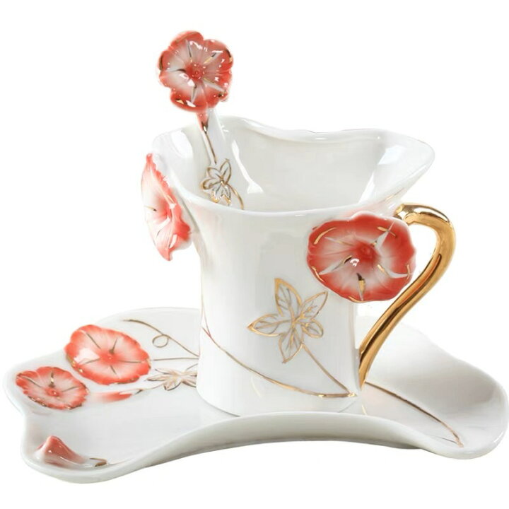 楽天市場】A056375上品陶器ティーカップ＆ソーサー 4客セット 立体花型  