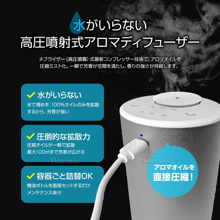 楽天市場 フレグランスディフューザー 車載 アロマディフューザー 車 オイル 芳香剤 噴霧式 ネブライザー式 水不要 コンプレッサー式 ディフューザー 静音 ミスト量調整 タイマー機能 詰め替え エッセンシャルオイル シルバー リテマス