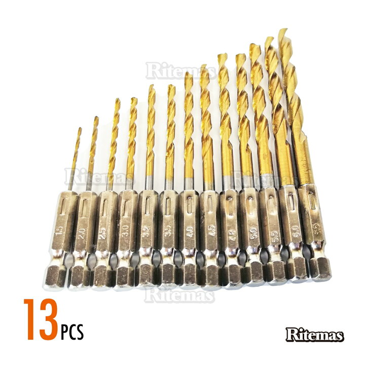 楽天市場 ドリルビット セット 13本 六角軸 6 35mm Hss インパクトドライバー Diy 六角軸ドリル ドリル刃 充電式ドライバー 鉄工用 ドリル チタンコーティング リテマス