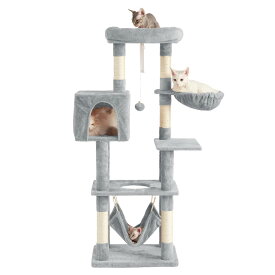 AIFY キャットタワー 大型猫用 多頭飼い 省スペース スリム 据え置き 安定強化構造 ハンモック付き 隠れ家付き 爪とぎ 見晴らし台 おもちゃ付き 運動不足解消 高さ140cm グレー