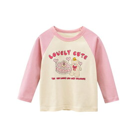 【送料無料】春秋 新品 Tシャツ 女の子 長袖 ラウンドネック Tシャツ 子供服 トップス 可愛い スプライス ピンク