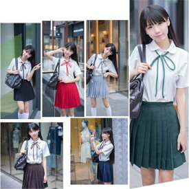 【送料無料】生服 コスチューム　女子高生 制服 上下セット セーラー服 ミニスカート 半袖 長袖 ホワイト シャツ ブラウス コスチューム コスプレ 衣装 cos ブラック グレー ネイビー レッド グリーン