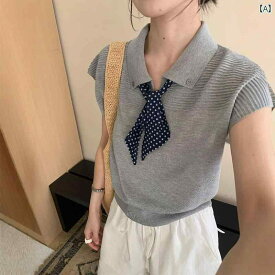 サマーニット レディース ポロ カラー ドットの スカーフ 冷感 ノースリーブニット セーター ベスト Tシャツ レディース 2025 夏 美しい スモール トップ