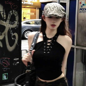 レディース トップス ホルターネック レディース トップス ホルターネック クールで クールな 黒の ホルターネック ベスト、 女性用、 夏 2025年新 デザイン、 ニッチで ユニークな ホット ガール アウターウェア トップ