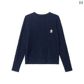 レディース ニット セーター こんにちは、ビューティフルスター! ベアピンクのビアポロ刺繍ラウンドカラーニットセーター、女性の秋2024年の新作は、ゆったりとした小柄な編み上げトップスです。