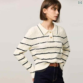 2024年の新作ウィンタートップス、LILYの厚手ストライプアクリルセーターは、リラックスした肌触りのデザインと折り返し襟で、カジュアルな印象を演出します。