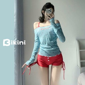 レディース セパレート ビキニ 4点セット 長袖 カバーアップ 夏用 水着 かわいい ピュア スタイル ビビッド カラー 切り替え デザイン 吸湿速乾 素材