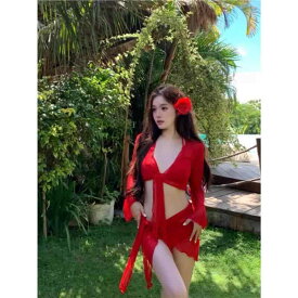 水着 レディース ビキニ 4点セット セクシー 赤 長袖 痩せ見え 肌白く見せる リゾート 夏 ビーチ スイムウェア プールサイド