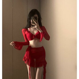 レディース ビキニ セパレート 4点セット 赤 夏用 高級感 セクシー かわいい スリム効果 小胸向け ビーチ プール スイムウェア 女性用水着