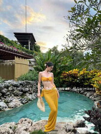 ビキニ水着 レディース セパレート フラワー柄 ジンジャーイエロー スリム見せ 温泉対応 3点セット 夏用 リゾート ビーチ バカンス 個性的 軽量 速乾