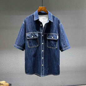 メンズ シャツ トップス 牛仔 デニム ゆったり ビッグシルエット 短袖 半袖 春夏 秋 夏用 軽量 伸縮性 通勤 普段使い カジュアル 男性用 ゆったり 大きいサイズ ファッション シャツ フィット デニムシャツ ゆったりトップス 吸湿速