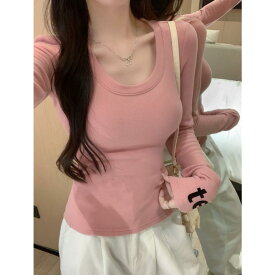 秋冬 レディース トップス 長袖 Uネック Tシャツ デュアルフリース ストレッチ 吸湿速乾 切り替え アルファベットプリント スリムフィット レイヤード インナー カジュアル ブラック グレー ネイビー 暖か素材 伸縮性 ゆったりシルエット 通