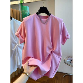 Tシャツ 女性用 短袖 ゆったり トワイスド デザイン 肩パッド 綿 コットン 吸湿速乾 通勤 普段使い 部屋着 ビッグシルエット Vネック ブラック ピンク系 アイボリー 夏 春夏