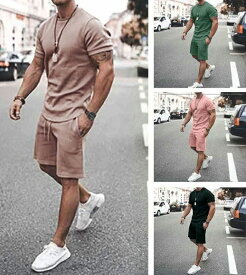 メンズ スウェット ジョガーパンツ 夏 セットアップ 純色 半袖 ジャージ ァッションカジュアル 運動服 部屋着 パンツ2点セット セットアップ 新作