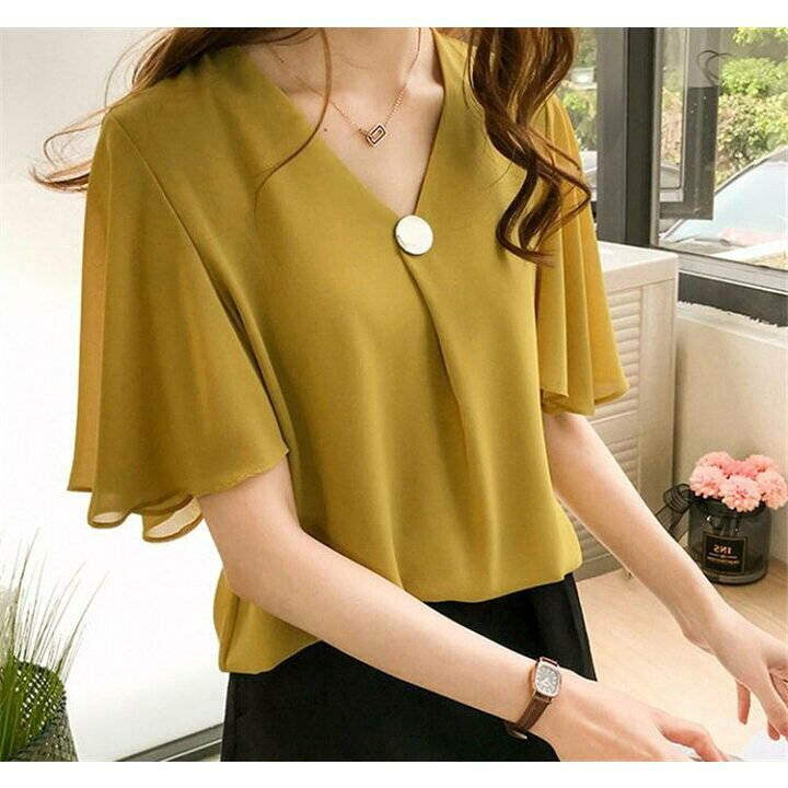 楽天市場 レディース ブラウス きれいめ 夏服 シフォン トップス 五分袖 可愛い カジュアル 韓国風 おしゃれ 通勤 Rize商店