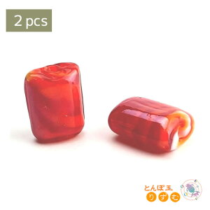 ガラスビーズ 17mm 2個 da714 赤 レッド スクエア 蜻蛉玉 トンボ玉 アクセサリーパーツ ランプワーク 素材 斜め ストライプ マーブル ダイアゴナル 手芸材料