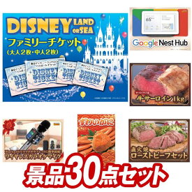 ビンゴ景品 30点セット 特大パネル 豪華目録 ビンゴ 結婚式 披露宴 二次会 忘年会 新年会 ゴルフコンペ 景品セット 【ディズニーファミリーチケット（大人2枚 中人2枚)、Google Nest Hub】 送料無料 特大パネル 豪華目録付き