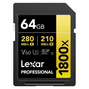 Lexar SD�J�[�h Professional 1800x SDXC�J�[�h �ő�Ǎ�280MB/�b ����210MB/�b UHS-II Class 10 U3 V60 4K Ultra HD ����B�e �������K�i (64GB) LSD1800064G-B