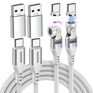 VAFOTON 240W対応 9pin マグネット 充電ケーブル【1M+1.8M】540度回転 1本2役 5A超急速充電 データ転送可 USB-A変換アダプタ付き USB-A/USB-C to Type-C PDケーブル Book/Pro/phone/A