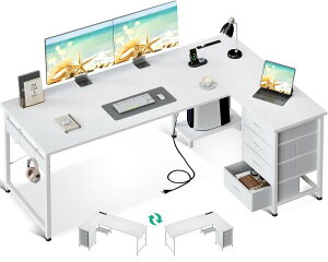AODK ゲーミングデスク 引き出し付き パソコンデスク コンセント付き l字デスク デスク 机 幅135/155 pcデスク 棚付き コーナーデスク 収納 オフィスデスク 仕事用 在宅勤務 組立簡単