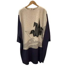 【中古】SHISENDO 詩仙堂 レディース ワンピース チュニック 折り鶴 ベージュ×ネイビー Bランク